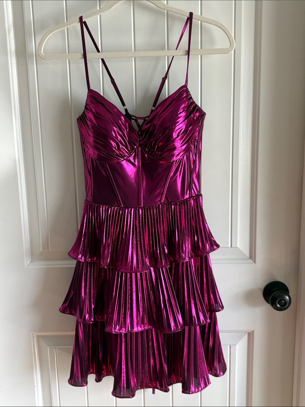 Metallic Fuchsia Tiered Spaghetti-Strap Party Dress